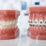 dos dentaduras falsas con ortodoncia invisible y brackets metálicos